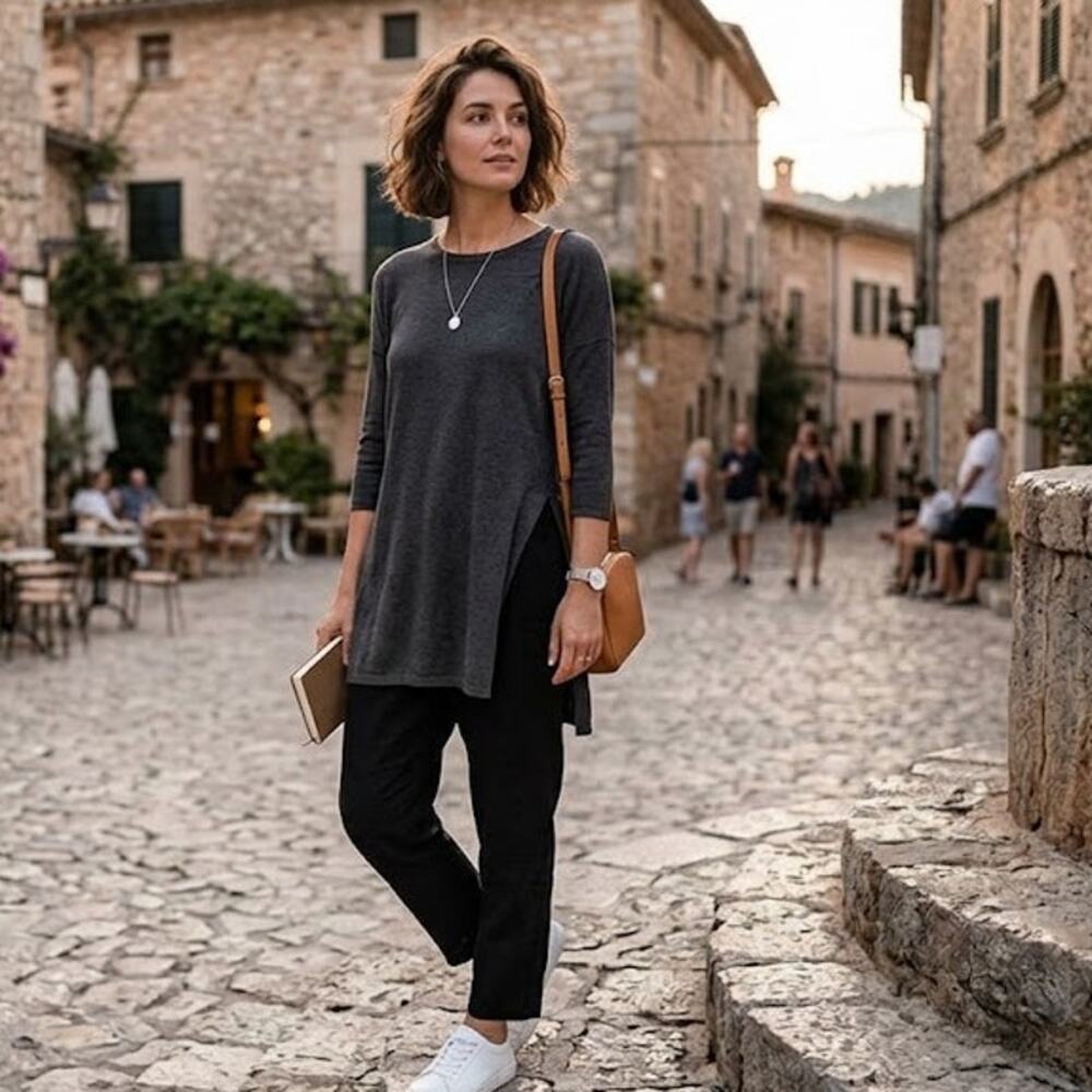 Sun Kim Tunic Charcoal Gray Side Slit Knit Office Comfy Casual 3/4 Sleeve S